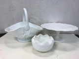 MILKGLASS CAKE PLATE, BASKET & PLANTER