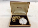 ELGIN GOLD TONED - 15 JEWEL - POCKED WATCH WITH CHAIN