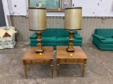 PAIR OF SQUARE MAPLE END TABLES W/ VINTAGE TABLE LAMPS