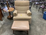 40'S - '50'S VINTAGE TAN NYLON UPHOLSTERED ROCKER W/ VINTAGE FOOTSTOOL