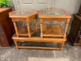 3 PIECE OAK VENEER GLASS TOP COFFEE & END TABLE SET