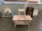 PAINTED WOOD TABLE W/ ORNATE CAST IRON LEGS & PAINTED CANE BOTTOM CHAIR