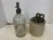 AD HUESING SELZER WATER BOTTLE AND HALF GAL CROCK JUG