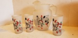 VINTAGE MUSICAL FROSTED PITCHER W/ 3 GLASSES