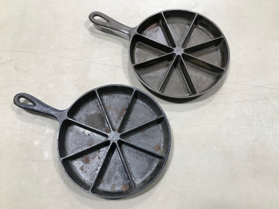 (2) 9" CAST IRON CORN BREAD WEDGE SKILLETS