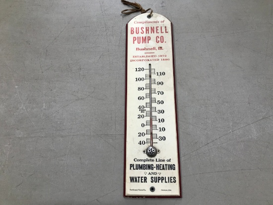 BUSHNELL PUMP CO. WOODEN ADVERTISING THERMOMETER