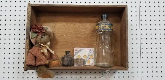 DRAWER W/ ANTIQUE BOTTLES AND BEAR