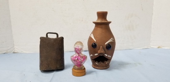 (3)COWBELL LIBERTY CANDY CONTAINER POTTERY FACE VASE
