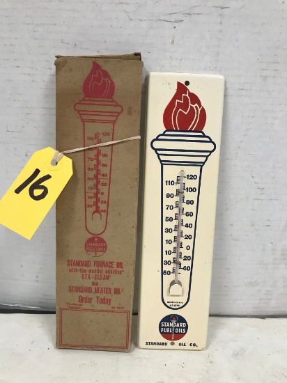 STANDARD FUEL OILS TIN OUTDOOR THERMOMETER W/ ORIGINAL BOX