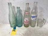 VARIOUS OLD SODA POP BOTTLES & A ROOT BEER MUG