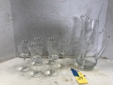 ETCHED GLASS COCKTAIL PITCHER W/ 6 GLASSES