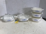 ASSORTED CORNING WARE COVERED DISHES WITH GLASS AND PLASTIC LIDS