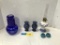 BLUE NIGHTSTAND WATER JUG & GLASS W/ OTHER BLUE ITEMS