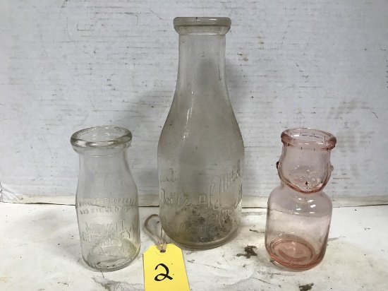 PINK HALF PINT BABY FACE CREAM TOP MILK BOTTLE & 2 OTHER BOTTLES