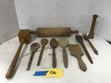 BULK LOT OF WOOD KITCHEN UTENSILS & ROLLING PIN