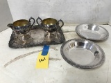 SILVER PLATED COPPER CREAM & SUGAR W/ TRAY & SILVER PLATED BOWLS