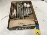 VARIOUS SILVER PLATE SPOONS & ICE TONGS