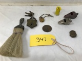 ASSORTED LOT WHISTLES,BRASS PADLOCKS SMALL BRUSH