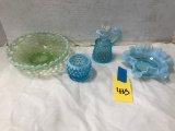 GROUP OF BLUE FENTON STYLE HOBNAIL & FLUTED GLASSWARE