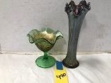 CARNIVAL GLASS FOOTED CANDY DISH & VASE