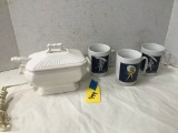 (3) MORTON SALT COFFEE CUPS & SMALL ELECTRIC HOT POT