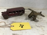 LUCKY BOY CAST IRON AIR PLANE & UNMARKED CAST IRON BUS