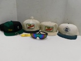 LOT OF 4 DEKALB SEED HATS AND DEKALB SUN GLASSES