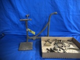 ASSORTED CAST IRON HOOKS & A BUGGY STEP