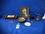 FLAT OF ASSORTED COLLECTIBLES - OIL CAN, BRASS ASH TRAY, OTHER ITEMS