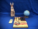 OHIO ART GLOBE COIN BANK, VINTAGE CHECKERS & PAPER MACHE BUNNY