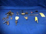 FLAT OF SKELETON KEYS, OTHER OLD KEYS & MUSTANG PLACARD