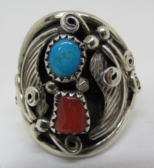 RITA DAWES TURQUOISE CORAL RING STERLING SILVER 12