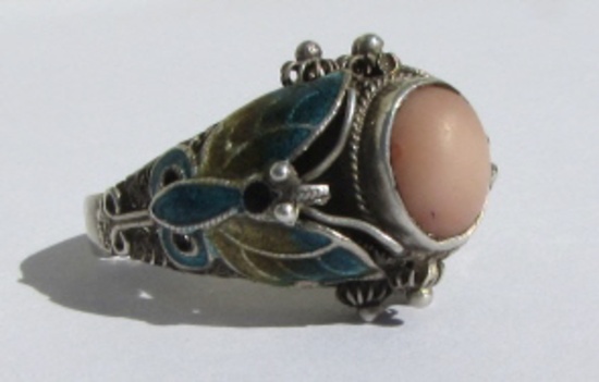 CORAL ENAMEL RING STERLING SILVER FILIGREE