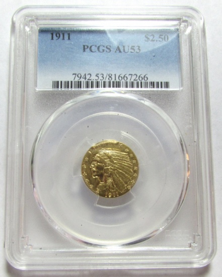 1911 US 2 1/2 DOLLAR GOLD INDIAN COIN PCGS AU53