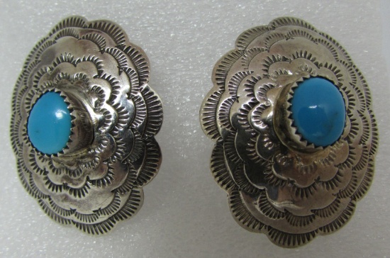 CONCHO TURQUOISE EARRINGS STERLING SILVER SIGNED