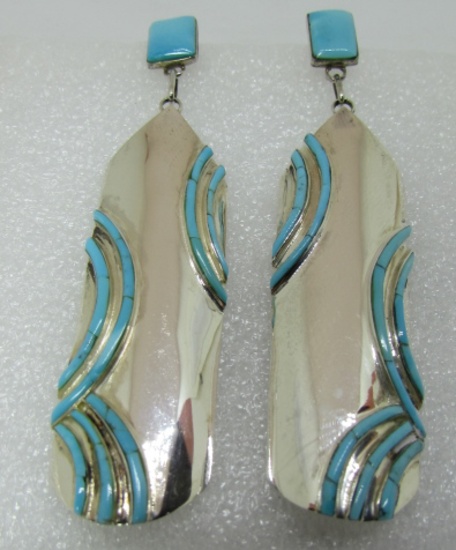GEM TURQUOISE EARRINGS STERLING SILVER SIGNED