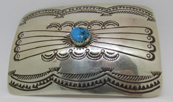 NAVAJO TURQUOISE BELT BUCKLE STERLING SILVER