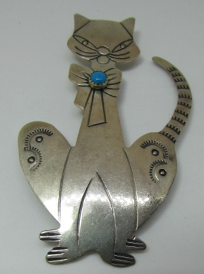 TURQUOISE CAT PIN STERLING SILVER BROOCH NAVAJO SW