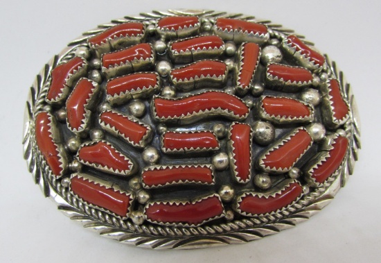 26PC BLOOD RED CORAL BELT BUCKLE STERLING SILVER