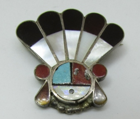 ZUNI SUNFACE PIN STERLING SILVER CHIEF MOP CORAL