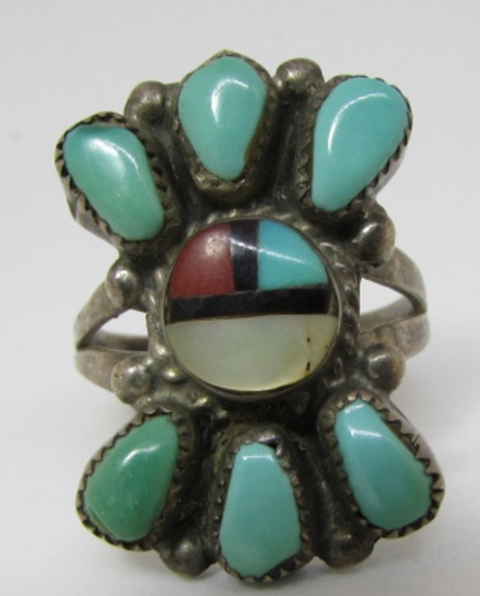 ZUNI SUNFACE TURQUOISE RING STERLING SILVER ERNEST