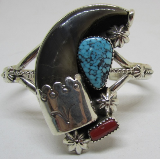 BEAR CLAW SPIDERWEB TURQUOISE CUFF BRACELET SILVER