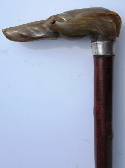 CARVED HORN CANE DOG HEAD WOOD GLASS EYES ANTIQUE