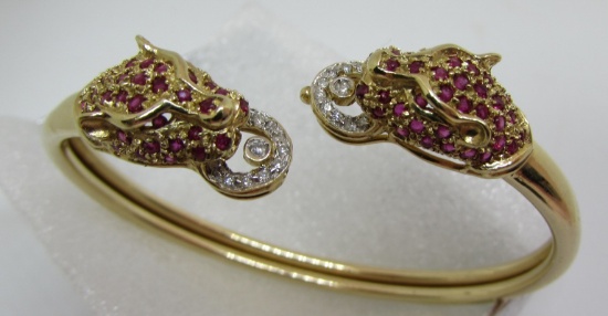 RUBY DIAMOND PANTHER BRACELET 14K GOLD BANGLE