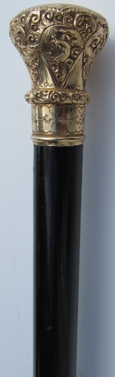 GOLD TOP PRESENTATION CANE 1840'S EBONY WOOD
