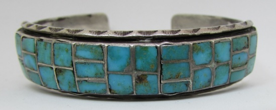 ZUNI TURQUOISE INLAY BRACELET STERLING SILVER CUFF
