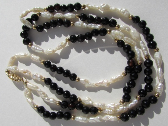 14K GOLD PEARL & ONYX NECKLACE 17" MULTI-STRAND