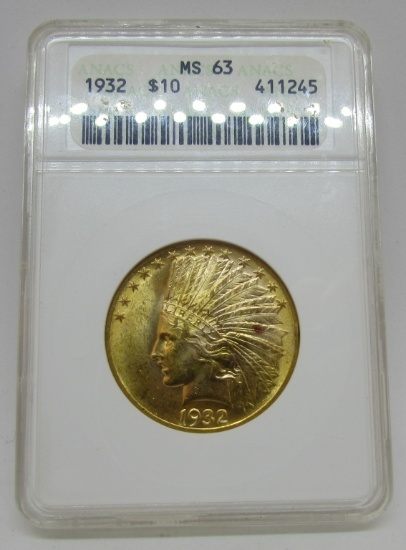 1932 US INDIAN 10 DOLLAR GOLD COIN  MS 63 ANACS