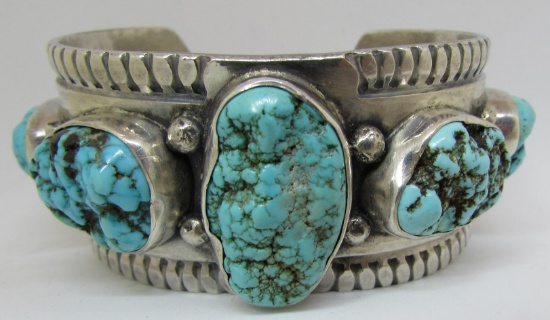 SIGNED MARK CHEE TURQUOISE BRACELET COIN SILVER