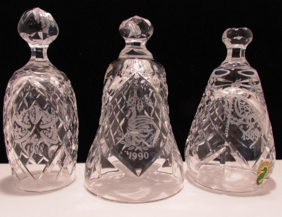 3 WATERFORD IRISH CRYSTAL CHRISTMAS BELLS 1988-90